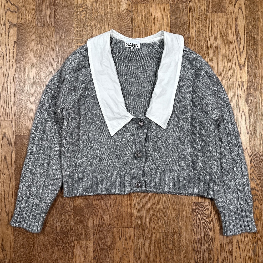 GANNI Chunky Cable Wool Alpaca Blend Gray Cardigan Sweater Womens Large
